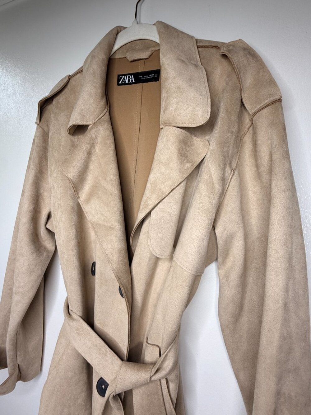 Zara Women’s Long Trench Coat Large – Beige Faux Suede Double Breasted Belted - Picture 4 of 6